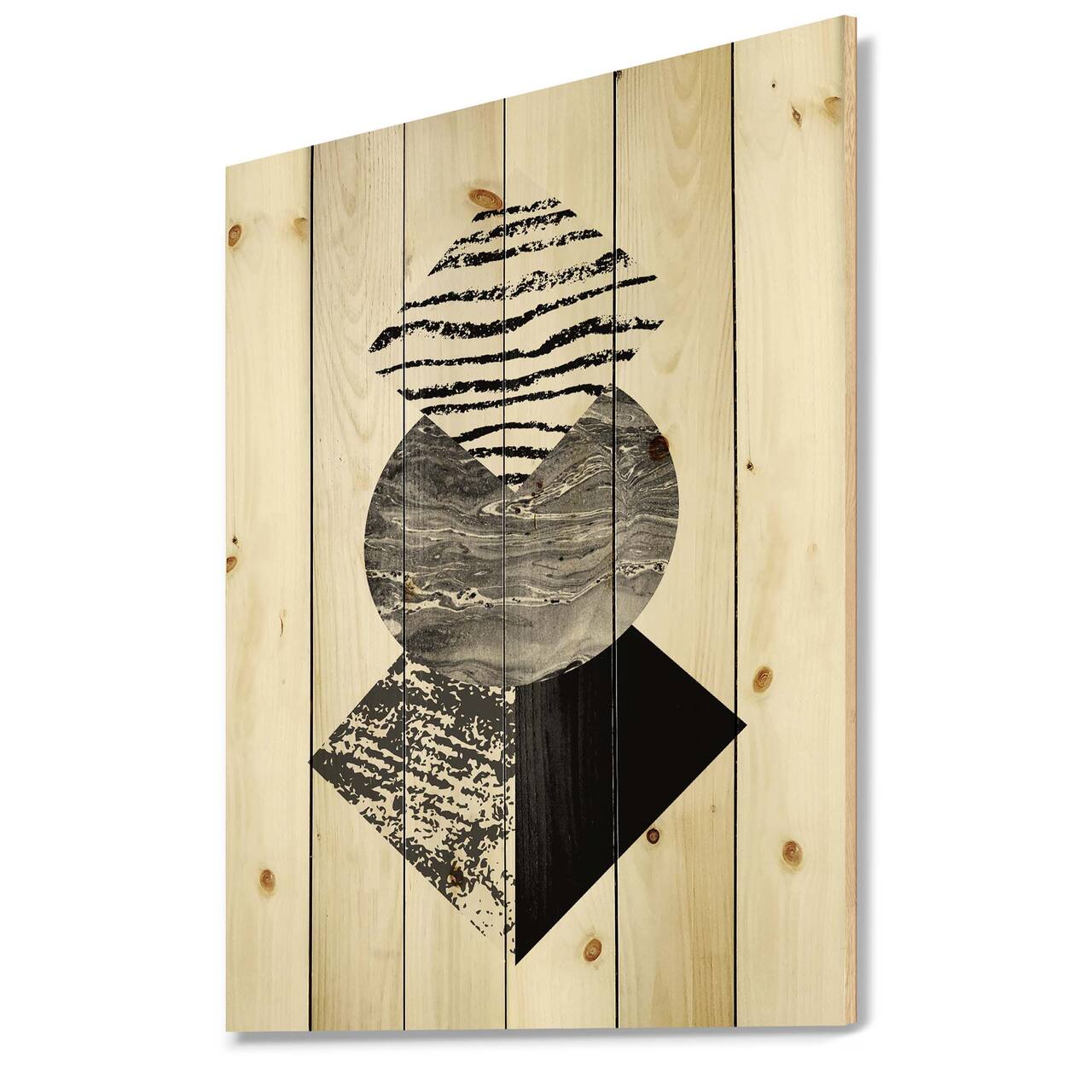 Designart - Tropical Palm Leaf With Abstract Geometry Shapes I - Modern Print on Natural Pine Wood
